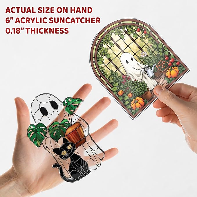 2 Cute Halloween Suncatcher Decorations, Spooky Cute Ghost Plant Window Hangings, Ghost with Black Cat Greenhouse, Pumpkin Ornaments Home Garden, Gifts for Plant Lovers, Women