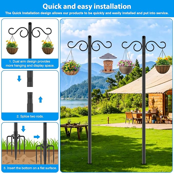 Adjustable Shepherd Hooks for Outdoor,1 Pack 55 Inch 5 Prong Base Bird Two Sided Feeder Poles,Heavy Duty Shepherds Hook,Suitable for Garden in Hanging Flower Basket,Lantern,Bird Nests(1 Pack 55 inch)