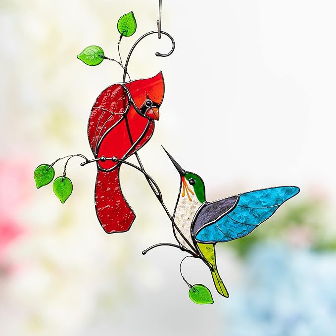 Hummingbird Cardinal Birds Stained Glass Suncatcher Genuine Stained Glass Window Hangings Unique Indoor Ornament & Outdoor Decor (Cardinal and Hummingbird)