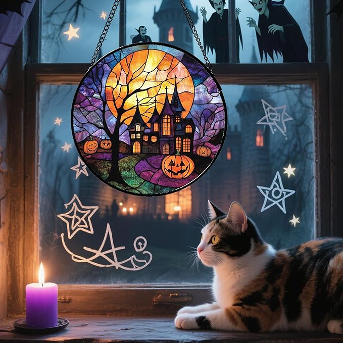 Stained Glass Window Hanging Halloween Horror Pumpkin 15" - Suncatcher Door Garden Sunroom Golden Moon Church Sun Catcher Birthday for Friend Mom Men Woman Nana