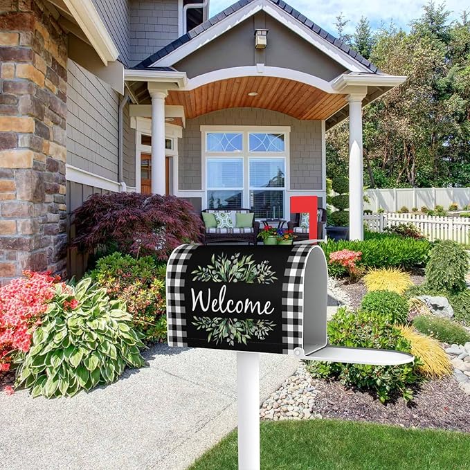 Wreath Buffalo Plaid Mailbox Covers, Welcome Magnetic Mailbox Cover, Plaid and Leaves Mail Box Covers for Garden Outdoor Decor 21 x 18 Inchs Black White