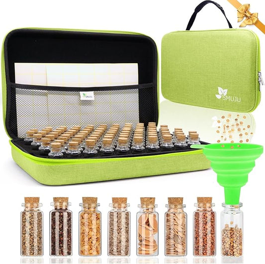 【80 Slots】 Seed Storage Organizer, Sturdy Organizer Box with Dual Zipper Bag and 84Pcs Label Stickers, Glass Seed Storage Container for Flower Vegetable Plants Garden Seeds Saving, Green