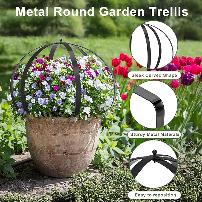 Metal Plant Round Circle Trellis for Climbing Plants, Round Garden Sculpture, Outdoor Potted Planter Trellis Patio Urn Décor & Doorway Accent，25.2"*21.2"-2Pack