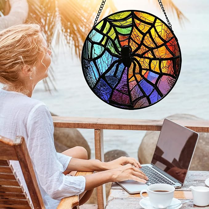 Stained Glass Suncatcher, Colorful Spider Sun Catcher Black Insect Stain Glass Window Hanging Decoration Mother's Day Birthday Gifts for Women Men Mom Nana 11.8 in