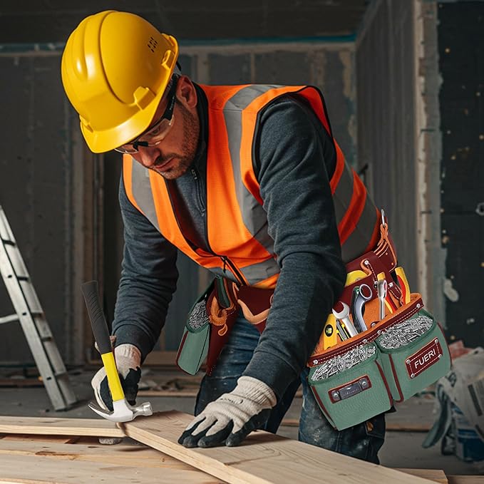 Fueri Electrician's Heavy Duty Tool Belt for Men, Made of Thick Leather and Durable Nylon, Comes with Adjustable Padded Tool Belt, Storage Capacity Tool Pouches, Hammer Holder, And Suspender Loops.