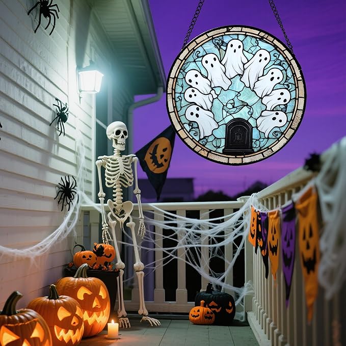Stained Glass Window Hanging - Halloween Decorations Ghosts Tombstones Suncatcher for Doors Garden Indoor Spooky Funny Sun Catchers Gothic Decor Horror Gifts for Women Men Friend 11.8 in
