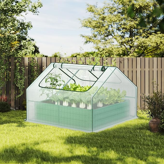 Aoodor 4 x 4 x 1 ft Galvanized Raised Garden Bed, Mini Greenhouse Kit with 2 Roll-up Zipper Doors for Vegetables, Flowers, and Herbs, White