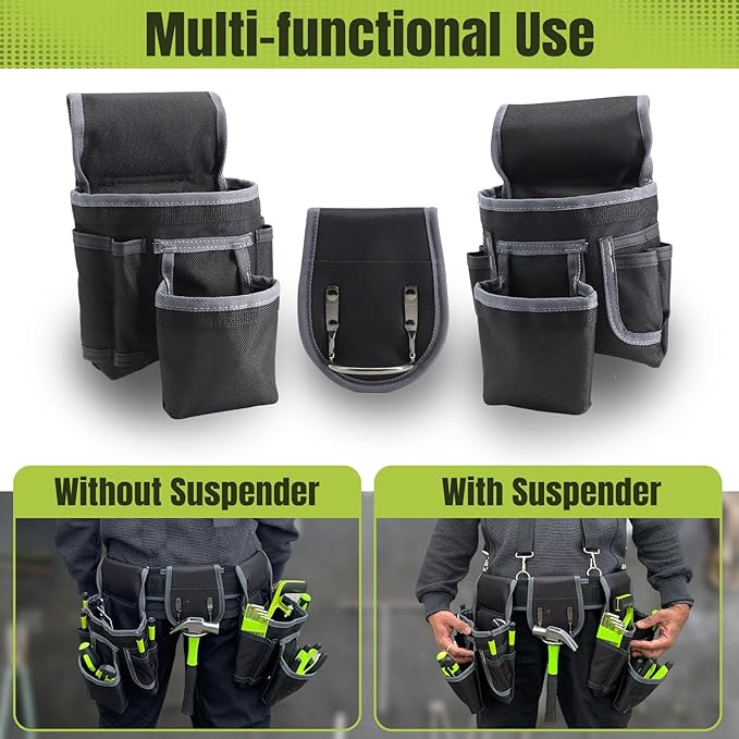 Tool Belt, Tool Belts for Men, 32 to 66 Inches Adjustable Waist, Electrician and Carpenter Tool Belt with Suspenders for Construction and Gardening, Black and Grey