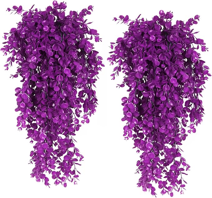 RECUTMS 4 Pack Artificial Plants Hanging Faux Eucalyptus Leaf Greenery Fake Plant for Wall House Room Patio Indoor Outdoor Home Shelf Office Decor (Fuchsia)