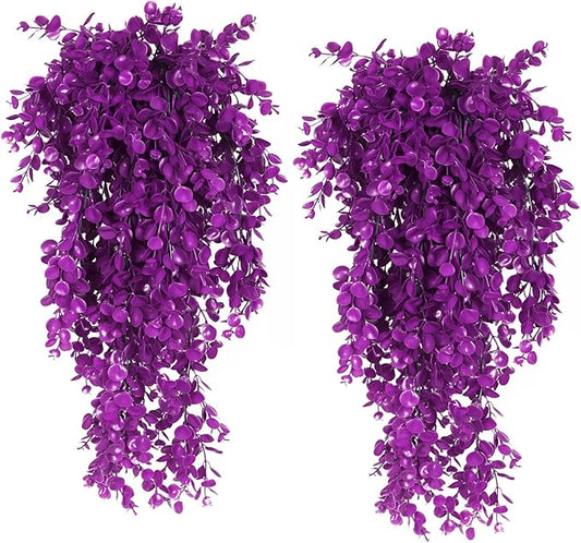 RECUTMS 4 Pack Artificial Plants Hanging Faux Eucalyptus Leaf Greenery Fake Plant for Wall House Room Patio Indoor Outdoor Home Shelf Office Decor (Fuchsia)