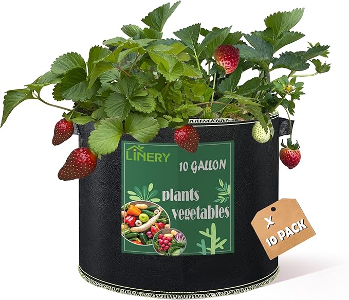 LINERY 10-Pack 10 Gallon Grow Bag Planting Black Heavy Duty Thickened Grow Bag with Handles Non-Woven Fabric Plant Pots (10-Pack 10 Gallon)