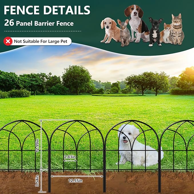 Small Garden Fence Animal Barrier, 12.55"*16.53" Decorative Fence Panel, No Dig Fences Barrier, Arch 26 Pcs Black Metal Fencing, Garden Border Edging Fences, Dog Fencing Blocker for Yard, Flower Bed
