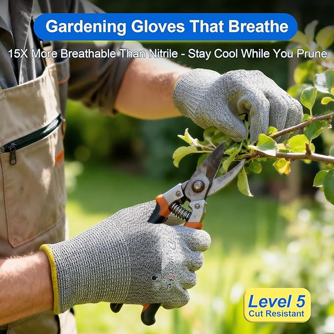 Dowellife 12 Pairs Level 5 Cut Resistant Work Gloves for Men and Women, PU Coated Breathable Gardening Gloves, Thin Flexible and Firm Grip for Mechanics and Fishing (Small, Grey)