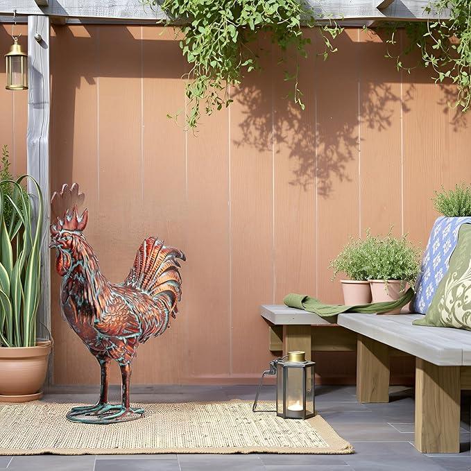 Metal Rooster Statue Garden Yard Decor,15.7"L x 18.8"H Metal Chickens Yard Art, Vintage Outdoor Chicken Rooster Figurine for Backyard Patio Lawn Home Kitchen Decorations, Gift for Chicken Lovers