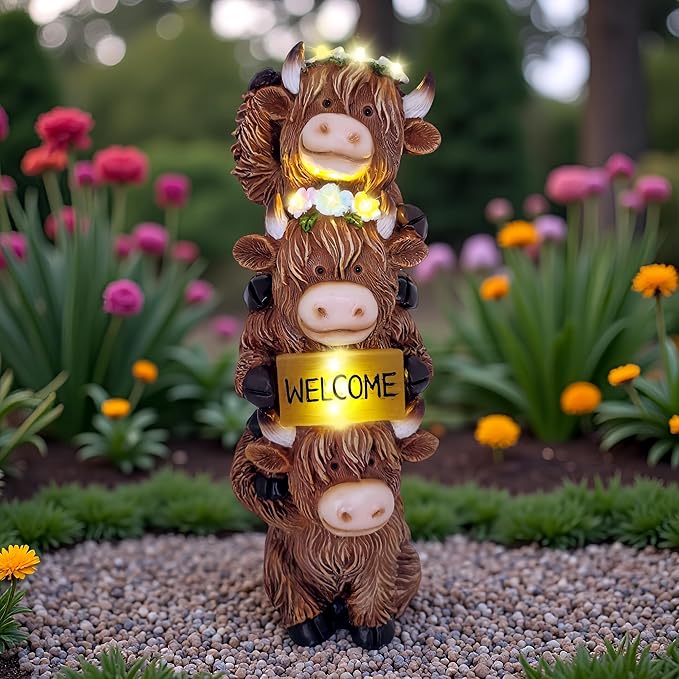 Solar Outdoor Figurine Lights Gnome Garden Decor Statue with LED Lantern, Glowing Fairy Yard Decorations for Outside Patio Yard Front Porch, Housewarming Home Decor Gifts Thanksgiving (Brown Cows)