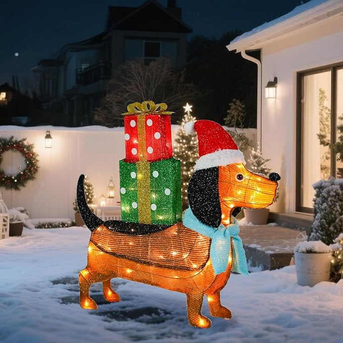 Christmas Outdoor Decoration Lighted Dog Dachshund 25" Xmas 25 LED Warm Lights 3D Decor Indoor, Battery Powered Outdoor Holiday Decorations for Home, Yard, Garden