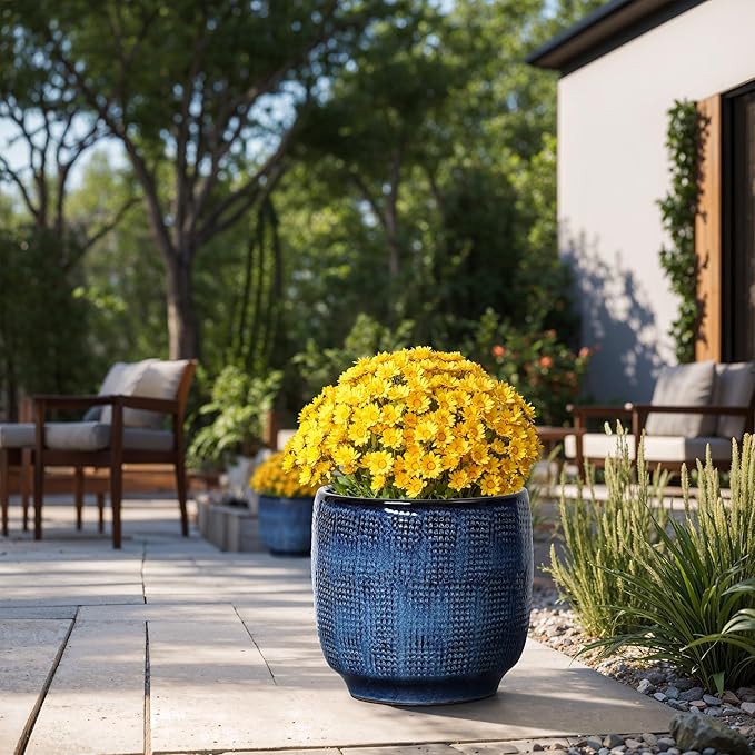 LuxenHome 12" Dia Large Ceramic Pots for Plants, Ocean Blue Glazed Planters for Outdoor Plants, Round Indoor Flower Pots with Drainage Hole and Rubber Plug for Home Garden Patio