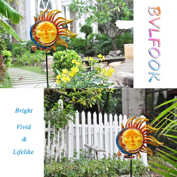Solar Light Outdoor Garden Decoration Colorful Metal & Glass Sun Moon Star Garden Stake Decorative Waterproof Warm White LED Yard Decor for Pathway Lawn Patio Backyard