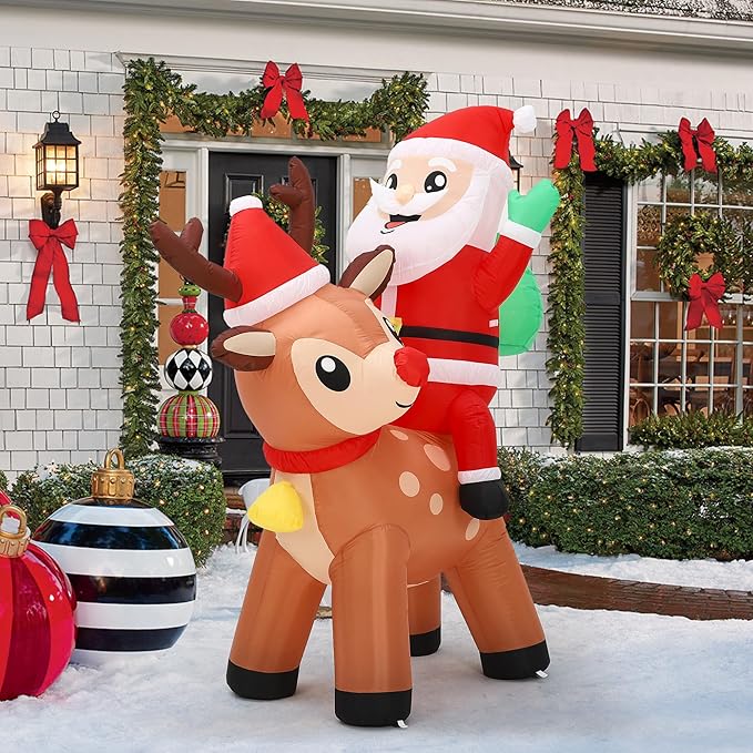 7 ft Outdoor Decorations Christmas Inflatable Santa Riding Reindeer Blow Up Yard Decoration with Built-in LED Lights for Outdoor Garden Lawn Xmas Holiday Decor