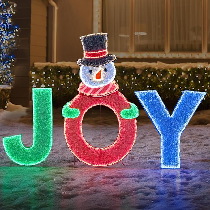 SUNJOY 4 FT Large Christmas Lighted Joyous Snowman, 2D Tinsel Santa Joy Display Set Outdoor Garden Yard Lawn Festive Holiday Decoration with Lights for Indoor & Outdoor