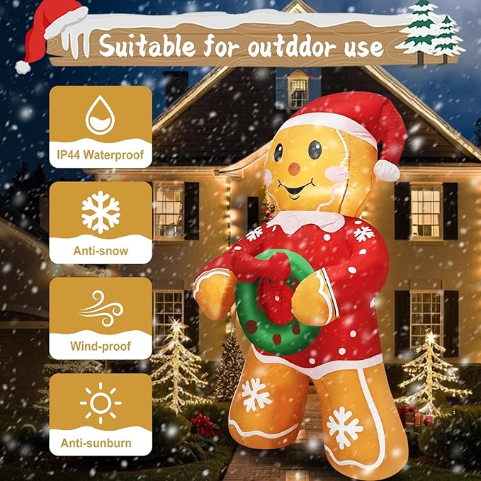 Christmas Gingerbread Man Inflatable Decoration 5.6 FT Outdoor Holiday Yard Decor with Santa Hat and Wreath, Perfect for Lawn, Garden, Party or Indoor Holiday Display