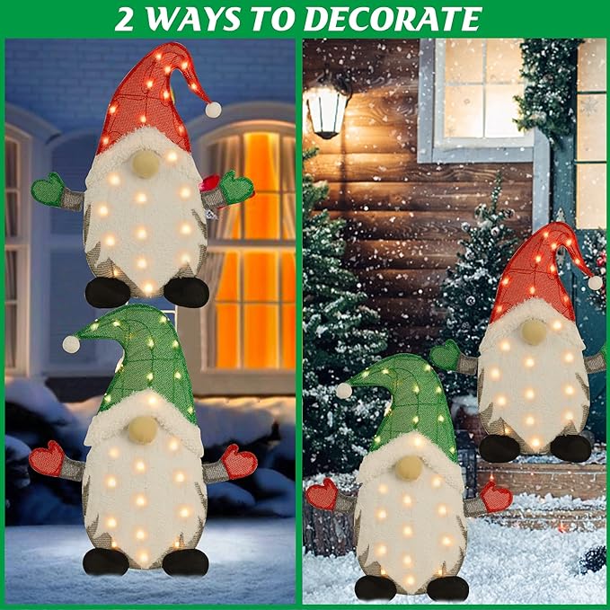 WATERGLIDE Set of 2 Lighted Christmas Tinsel Gnomes Decorations, 24 Inch Pre-Lit Light Up 2D Stacked Gnome with Incandescent Lights, Indoor Outdoor Festive Xmas Holiday Garden Yard Lawn Decor