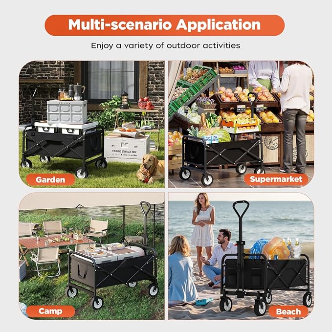PayLessHere | Collapsible Wagon Cart with Wheels | Black | Heavy Duty Foldable Utility Cart with 330 lb Capacity | with All-Terrain Wheels & Adjustable Handle for Outdoor, Garden, Beach, Shopping