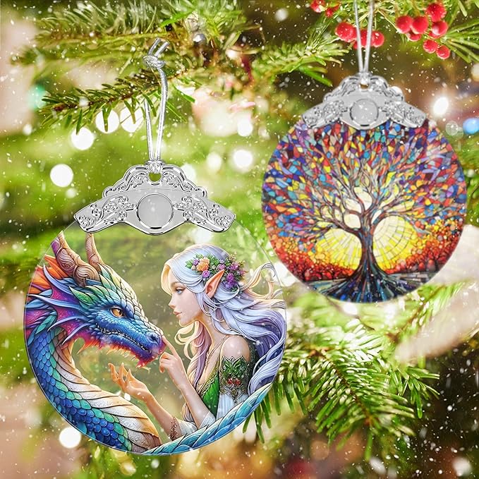 Enchanted Elf & Dragon Christmas Ornament - Stained Glass Hanging Decor - Tree Decoration - Gift for Friends, Sisters