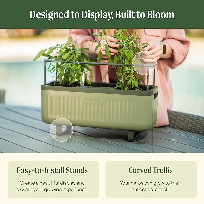 Vego garden Herb Indoor Plant Box, Self Watering Planters Pots for Indoor Plants with Trellis for Kitchen Window Sill or Countertop Plants Cage - Sage Green