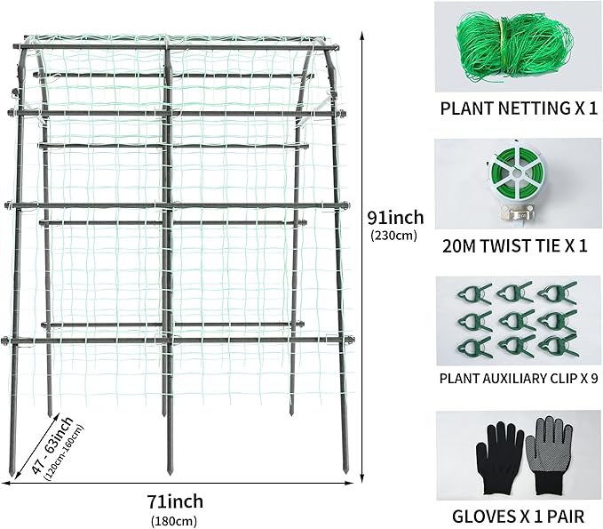 7.22 Ft Tall Garden Trellis, Garden Arch Tunnel for Climbing Plants, Garden Arch Walkway Trellis with Netting, PE-Coated Steel Garden Arbor for Vegetables, Cucumbers, Garden Raised Bed(Black)