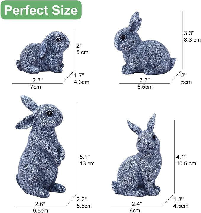 Bunny Garden Decor Outdoor Statues: Rabbit Figurines for Easter Ornaments Patio Lawn Office Decorations Indoor Accessories (4 Pack) - Gifts for Mom Grandma