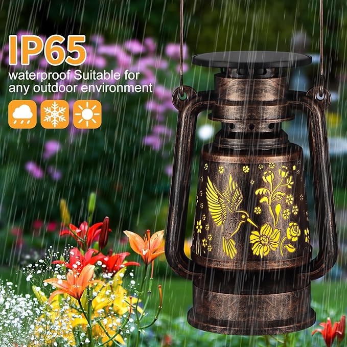 Solar Lantern Outdoor Vintage Hanging LED Waterproof Camping Light with Beautiful Graphics Landscape Decor for Yard,Patio,Porch,Lawn,Tabletop(Hummingbird)