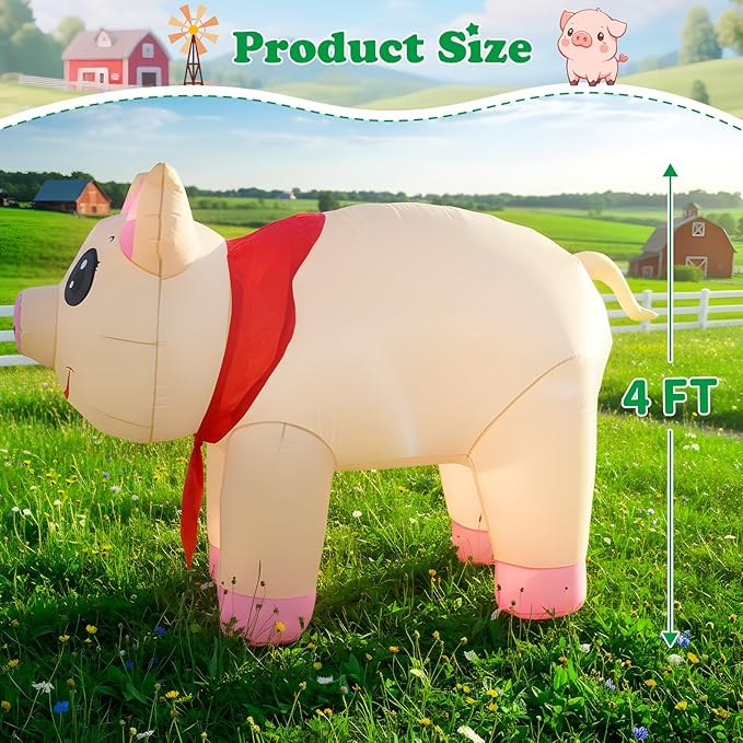 4FT Inflatables Christmas Spring Farm Ranch Blow up Animals Cute Pig Decorations with LED Light Indoor Outdoor Yard Graden Party Lawn Holiday Decor