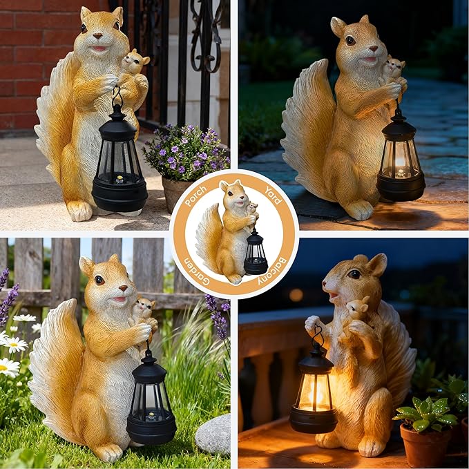 Solar Garden Decor Squirrel Statues - Squirrel Figurine Lawn Ornaments,Small Animal Garden Statues for Outdoor Yard Art Porch Patio Balcony Home House Decor,Birthday Gifts for Women Mom Grandma