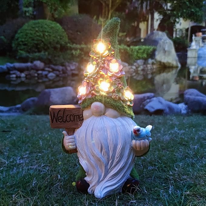 Gnome Garden Decor Statue Solar Gnomes Decorations for Yard with Succulent and 6 LED Lights Outdoor Figurines Light,Lawn Decor for Patio, Balcony, Yard Ornament - Unique Housewarming Gifts