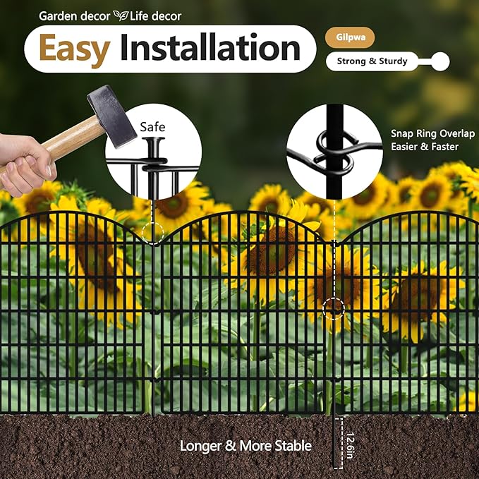 16 Panels Decorative Garden Metal Fence, 33in (H) x 38.67ft (L) No Dig Dog Fencing for Outdoor Yard, Rustproof Animal Ground Stakes Temporary Panel Border Barrier for Patio Flower Bed Camping