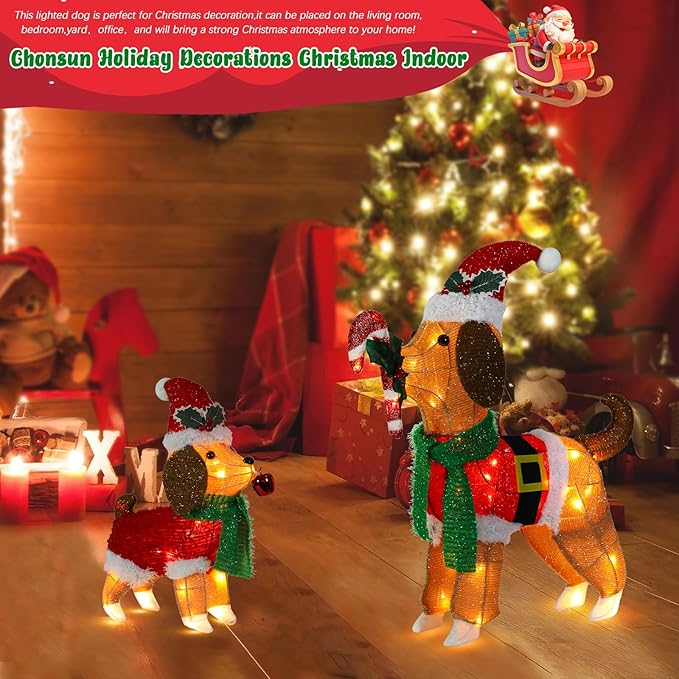 Christmas Decorations Outside Non-Collapsible Lights Christmas 2PCS Dogs Lighted with LED Warm Lights for Yard Lawn Porch Garden Living Room Bedroom Indoor Outdoor