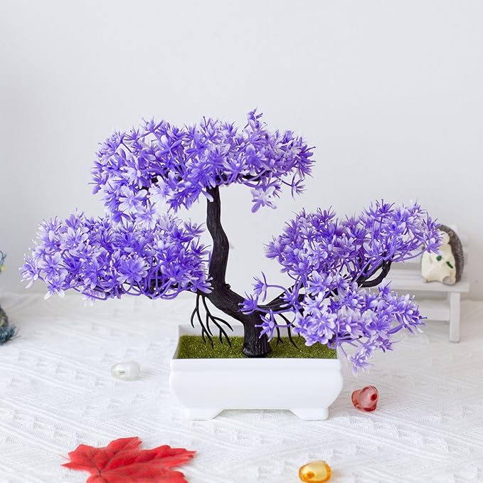 Mini Artificial Bonsai Tree Plants with Plastic Cement Pots for Home Office Décor(Purple)