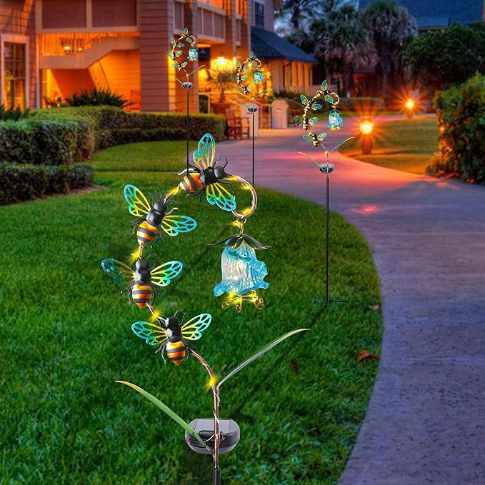 Bshine Solar Flower Outdoor Waterproof Bee Lights, Garden Decorative Metal Stake Bee Hanging Flower, Yard Decorations Outdoor Patio, Courtyard, Pathway and Lawn Ornaments, Housewarming Gift