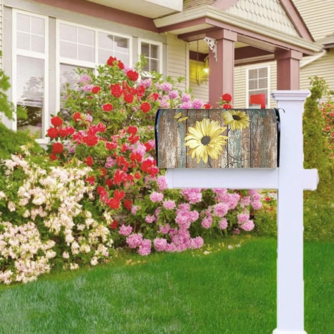 Rustic Daisy Board Mailbox Cover Magnetic, Yellow Sunflowers Vintage Wood Grain Plank Mailbox Wrap Letter Post Box Cover for Yard Garden Outside Home Decor, Large Size 25.5x21 Inch