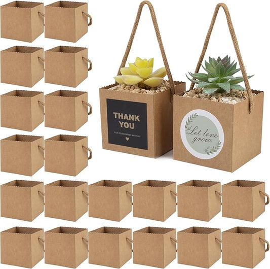 Temlum 2.5 Inch Succulent Wrap Bags (Fits 2.5″ Pots) with Thank You & Let Love Grow Stickers, Small Gift Box for Wedding, Baby Shower, Succulent Party Favors for Guests (Brown 40pcs)