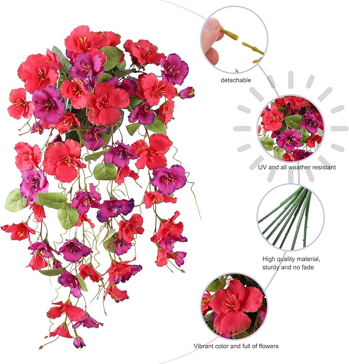 Artificial Hibiscus Fake Hanging Flowers Plants for Outdoors Spring Decoration, 2pcs Faux Silk Outside Hibiscus Long Trailing Vines Realistic UV Resistant for Front Door Planter Porch Patio Yard Urn