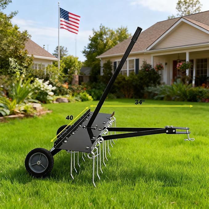 Tow Behind Dethatcher, 40-Inch Tow Lawn Dethatcher with 20 Spring Steel Tines, Lawn Dethatcher Rake Compatible with ATV & Mower, Tow Behind Lawn Rake with Lift Handle for Garden, Farm & Grass