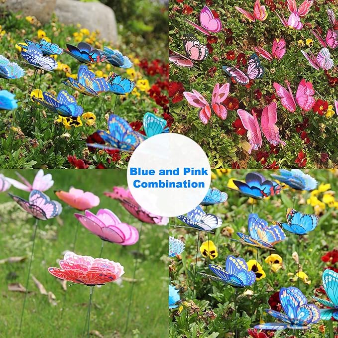 20PCS Butterfly Stakes,Plant Stakes,3D Colorful Double Wings with Bendable Stick,Ornaments Artificial Waterproof Butterfly Decorations,Garden Stake Decorations Butterflies for Flower Outdoor Indoor