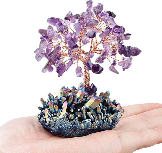 mookaitedecor Amethyst Crystal Tree, Quartz Cluster Rainbow Titanium Crystals Base Bonsai Money Tree for Wealth and Luck