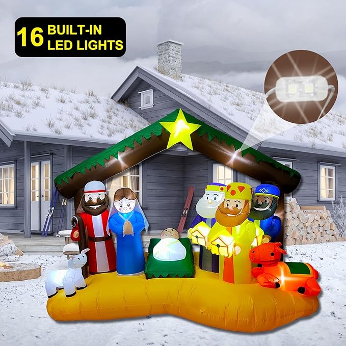 8.8 FT Christmas Inflatables Nativity of Jesus Blow Up Yard Decorations with LED Lights Religious Blow Up Yard Decor for Outdoor Xmas, Holiday Party, Patio & Lawn Decorations