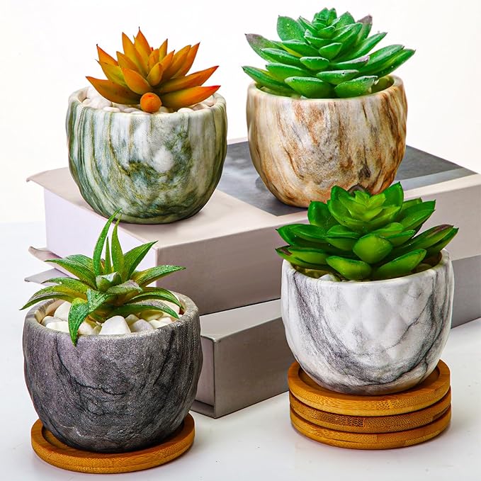 Marbling Ceramic Flower Pot 3.35 Inch Succulent Small Plant Cactus Herbs Planter Ceramic Pot with Drainage Hole Matte Round Container(4 Pcs,Modern Style)