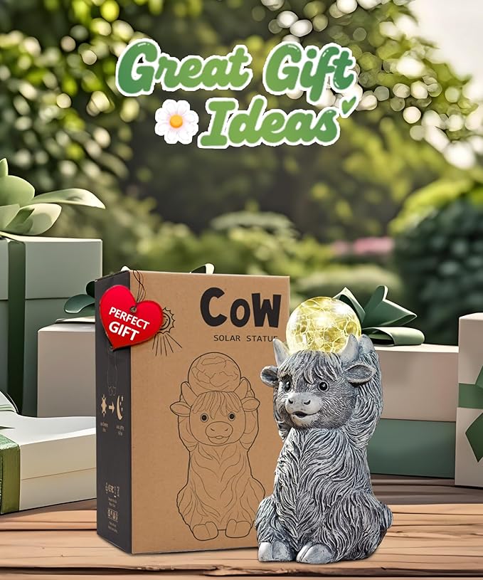 Nacome Solar Highland Cow Garden Decor - Outdoor Statues with Bubble Ball Balcony Lown Patio Porch Sculptures Front Yard Art for Outside - Birthday Gifts for Mom Grandma Women(Grey)