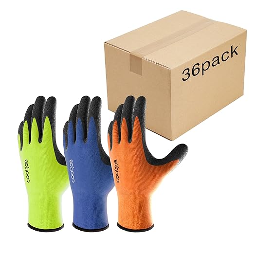 COOLJOB 36 Pairs Safety Work Gloves with Grip Latex, High-vis Assorted Colors in Orange Blue Yellow, Rubber Dipped Gloves for Moving, Gardening, Farming, Package Handler Postal Worker Gift, Small