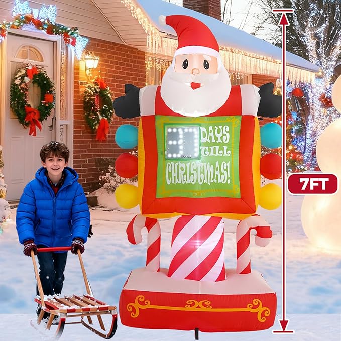 7FT Santa Claus Countdown Street Sign Inflatable Decoration with Built-in LED Lights, Christmas Outdoor Inflatable Decoration for Lawns, Yards, Gardens, and Patios